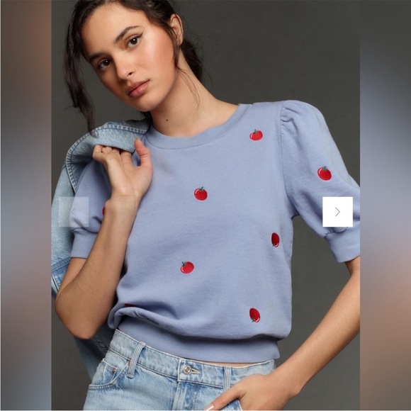 T. La Puff-Sleeve Pullover Shirt French Terry Blue tomato Embroidery 2X - Picture 1 of 13